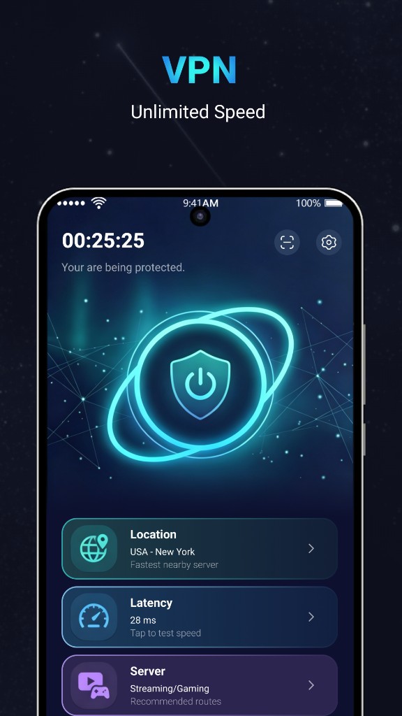 SwiftNet app main screen with VPN connection and shield